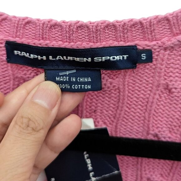 Ralph Lauren Sport Pink 100% Cotton Cable Knit V Neck Pullover Sweater Small S - Picture 2 of 4